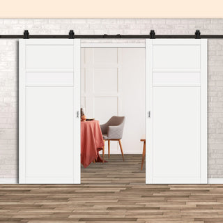 Image: Top Mounted Black Sliding Track & Solid Wood Double Doors - Eco-Urban® Orkney 3 Panel Doors DD6403 - Cloud White Premium Primed