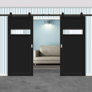Image: Top Mounted Black Sliding Track & Solid Wood Double Doors - Eco-Urban® Orkney 1 Pane 2 Panel Doors DD6403G Clear Glass - Shadow Black Premium Primed