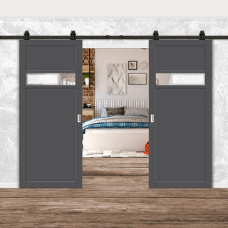 Image: Top Mounted Black Sliding Track & Solid Wood Double Doors - Eco-Urban® Orkney 1 Pane 2 Panel Doors DD6403G Clear Glass - Stormy Grey Premium Primed