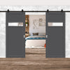 Top Mounted Black Sliding Track & Solid Wood Double Doors - Eco-Urban® Orkney 1 Pane 2 Panel Doors DD6403G Clear Glass - Stormy Grey Premium Primed