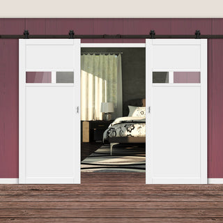 Image: Top Mounted Black Sliding Track & Solid Wood Double Doors - Eco-Urban® Orkney 1 Pane 2 Panel Doors DD6403G Clear Glass - Cloud White Premium Primed
