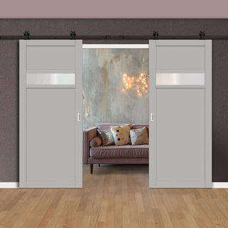 Image: Top Mounted Black Sliding Track & Solid Wood Double Doors - Eco-Urban® Orkney 1 Pane 2 Panel Doors DD6403SG Frosted Glass - Mist Grey Premium Primed