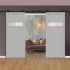 Top Mounted Black Sliding Track & Solid Wood Double Doors - Eco-Urban® Orkney 1 Pane 2 Panel Doors DD6403SG Frosted Glass - Mist Grey Premium Primed