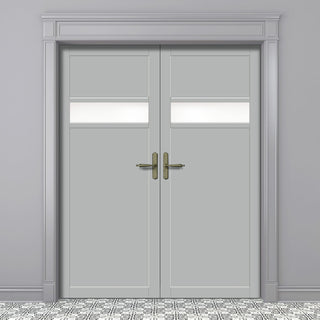 Image: Eco-Urban Orkney 1 Pane 2 Panel Solid Wood Internal Door Pair UK Made DD6403SG Frosted Glass - Eco-Urban® Mist Grey Premium Primed