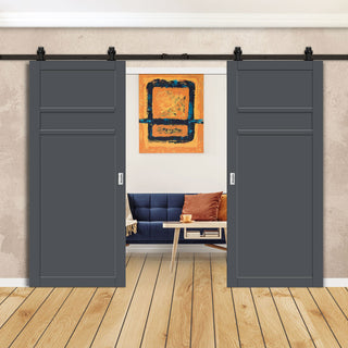 Image: Top Mounted Black Sliding Track & Solid Wood Double Doors - Eco-Urban® Orkney 3 Panel Doors DD6403 - Stormy Grey Premium Primed