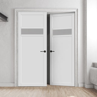 Image: Eco-Urban Orkney 1 Pane 2 Panel Solid Wood Internal Door Pair UK Made DD6403SG Frosted Glass - Eco-Urban® Cloud White Premium Primed