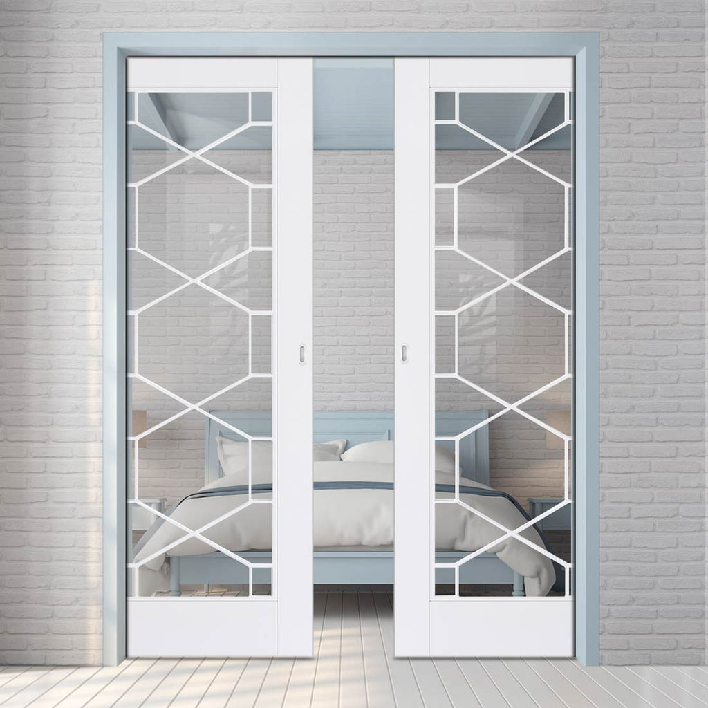 Orly Double Evokit Pocket Doors - Clear Glass - White Primed