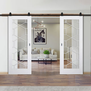 Image: Top Mounted Black Sliding Track & Double Door - Orly Doors - Clear Glass - White Primed