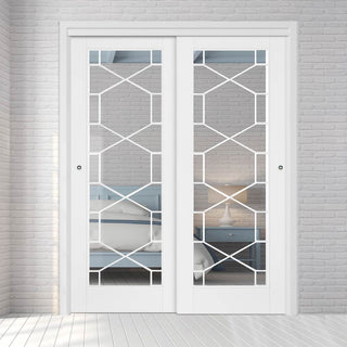Image: Pass-Easi Two Sliding Doors and Frame Kit - Orly Door - Clear Glass - White Primed