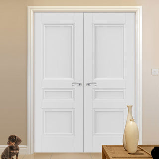 Image: J B Kind White Classic Osborne Panel Primed Fire Door Pair - 1/2 Hour Fire Rated