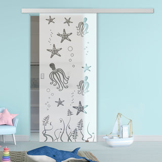 Image: Single Glass Sliding Door - Octopus 8mm Obscure Glass - Clear Printed Design with Elegant Track