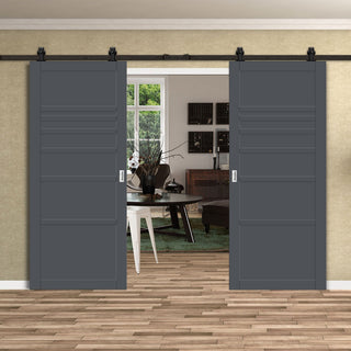 Image: Top Mounted Black Sliding Track & Solid Wood Double Doors - Eco-Urban® Oslo 7 Panel Doors DD6400 - Stormy Grey Premium Primed