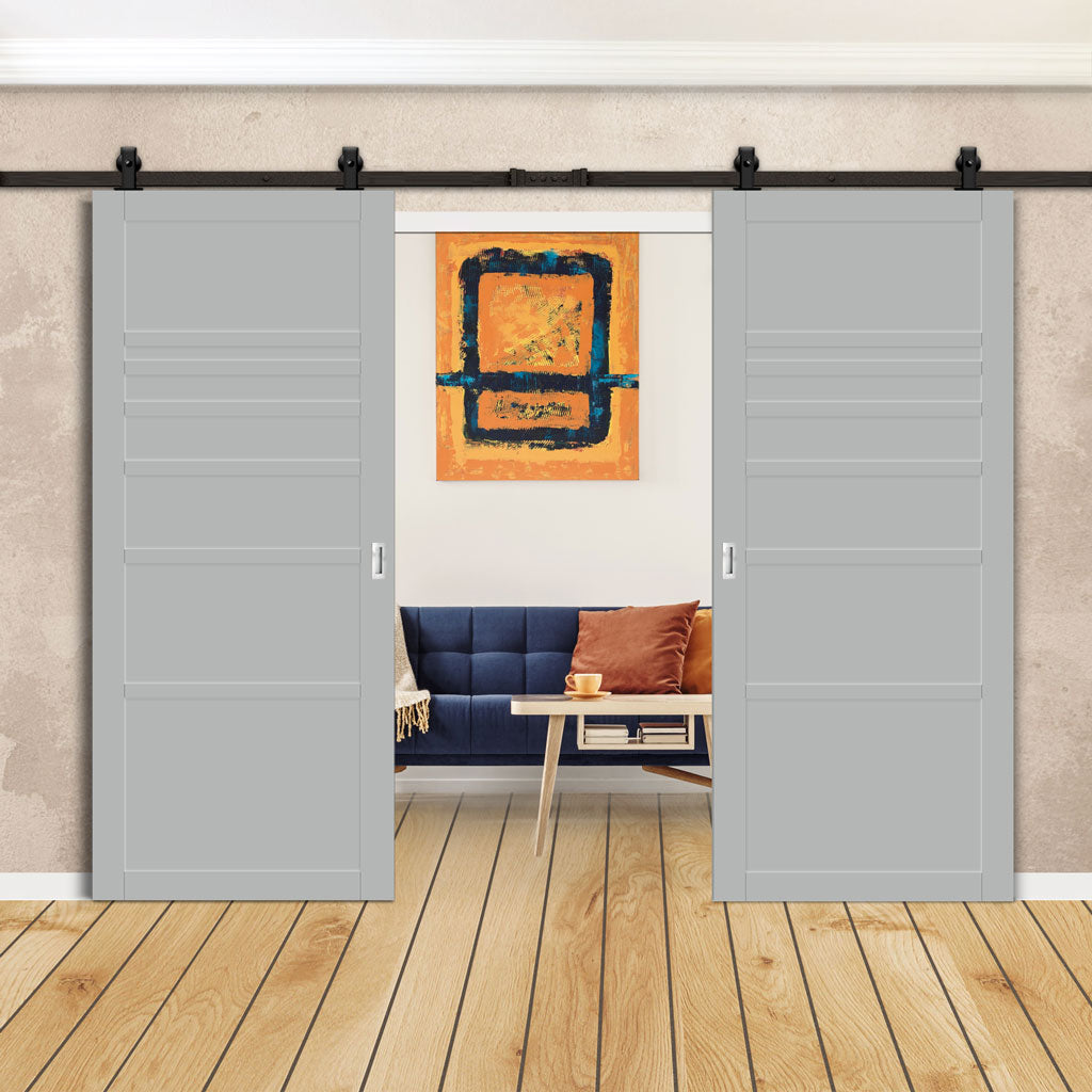 Top Mounted Black Sliding Track & Solid Wood Double Doors - Eco-Urban® Oslo 7 Panel Doors DD6400 - Mist Grey Premium Primed