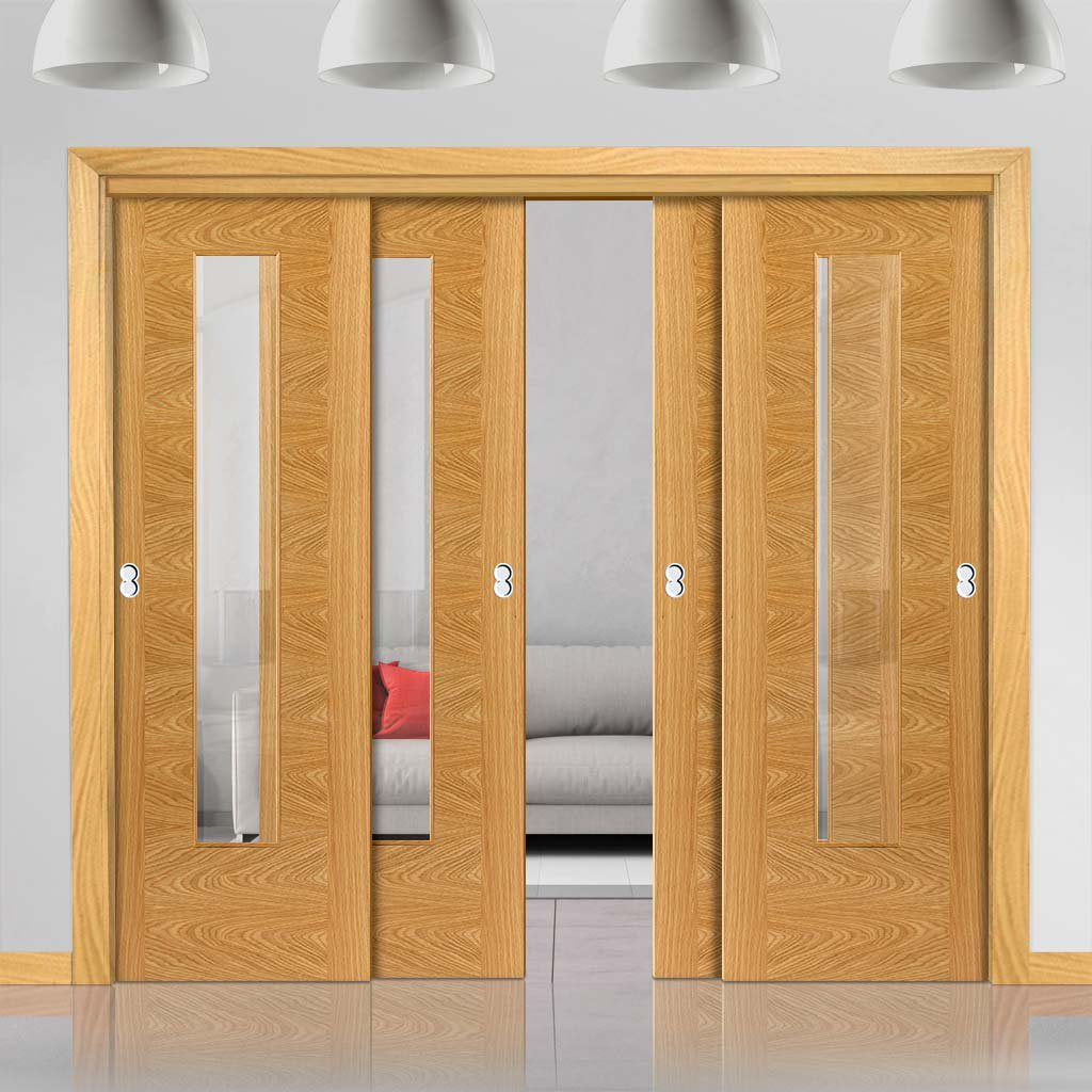 Four Sliding Doors and Frame Kit - Ostria Flush Oak Door - Clear Glass - Prefinished