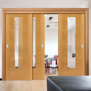 Image: Three Sliding Doors and Frame Kit - Ostria Flush Oak Door - Clear Glass - Prefinished