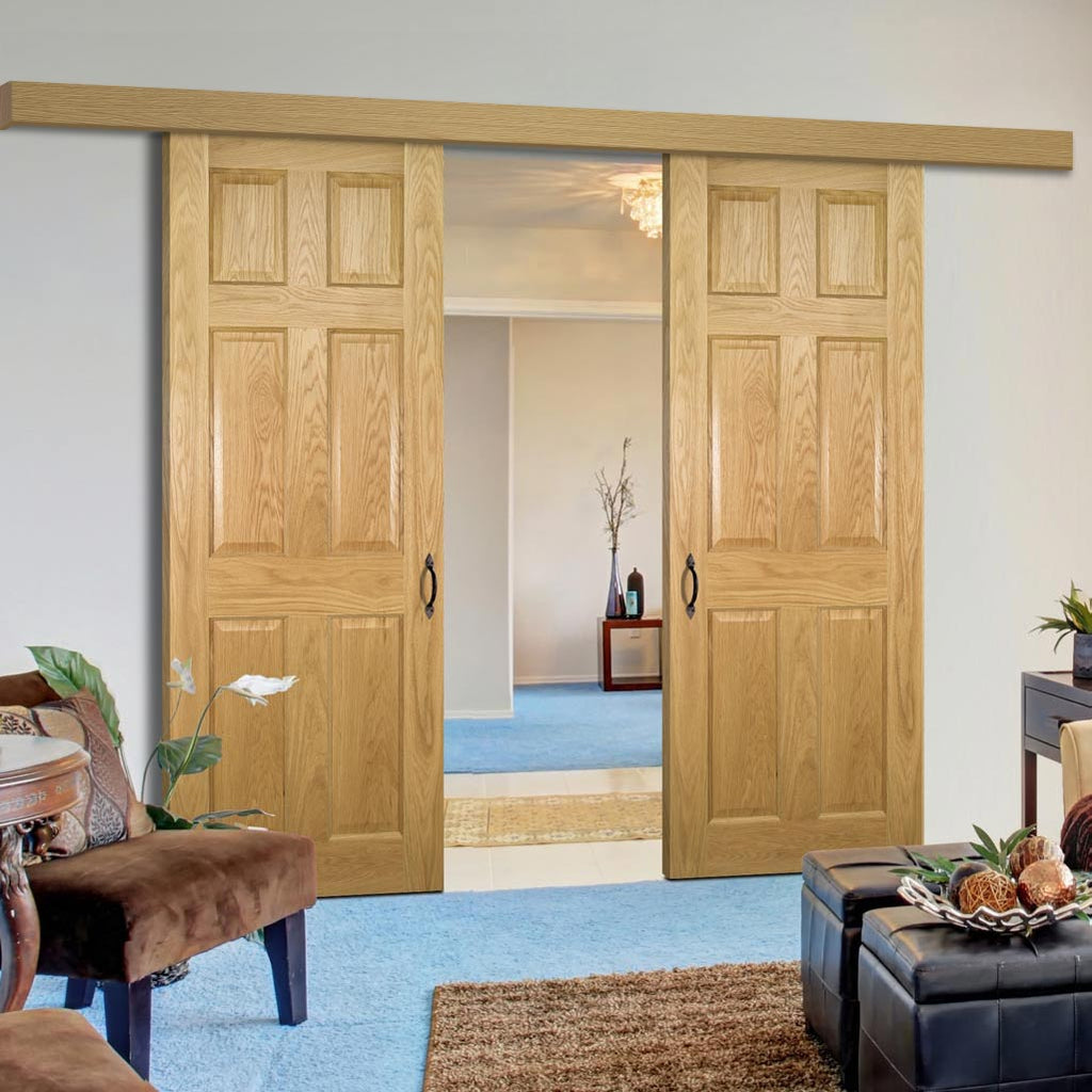 Double Sliding Door & Wall Track - Oxford American White Oak Veneer Panel Door - Prefinished