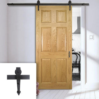 Image: Single Sliding Door & Arrowhead Black Track - Oxford American Oak Veneer Panel Door - Prefinished