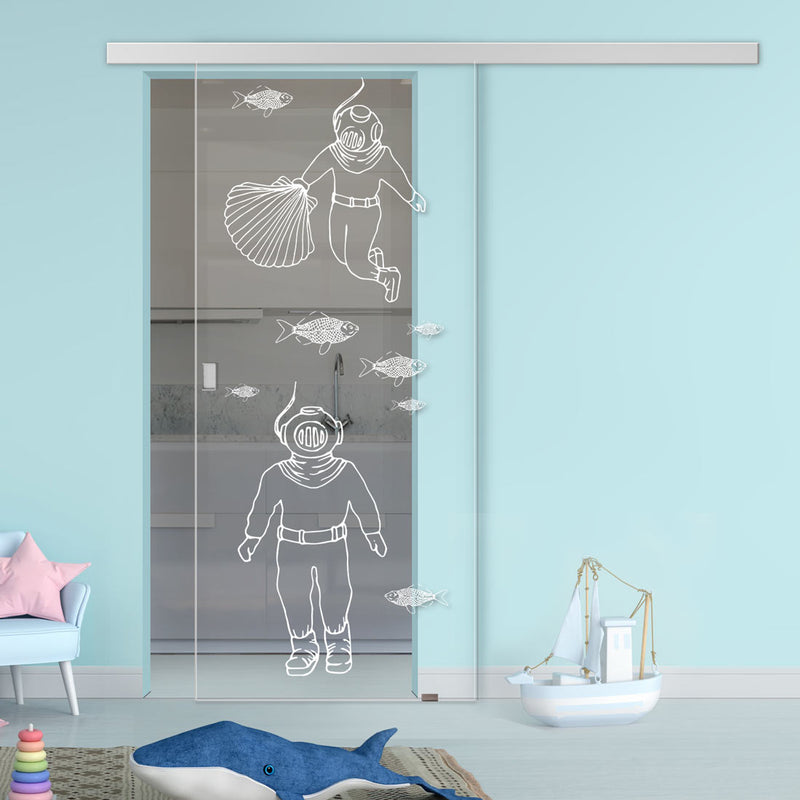 Single Glass Sliding Door - Pacific 8mm Clear Glass - Obscure Printed Design with Elegant Track
