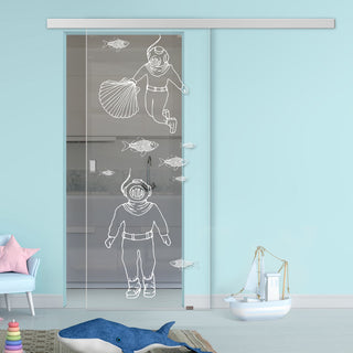 Image: Single Glass Sliding Door - Pacific 8mm Clear Glass - Obscure Printed Design with Elegant Track
