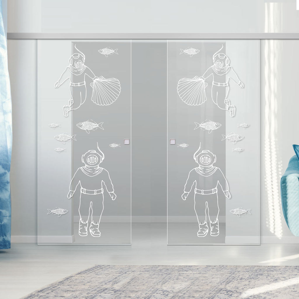Double Glass Sliding Door - Pacific 8mm Clear Glass - Obscure Printed Design with Elegant Track