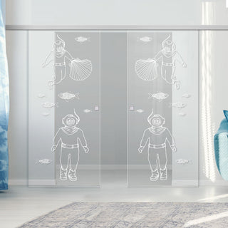 Image: Double Glass Sliding Door - Pacific 8mm Clear Glass - Obscure Printed Design with Elegant Track