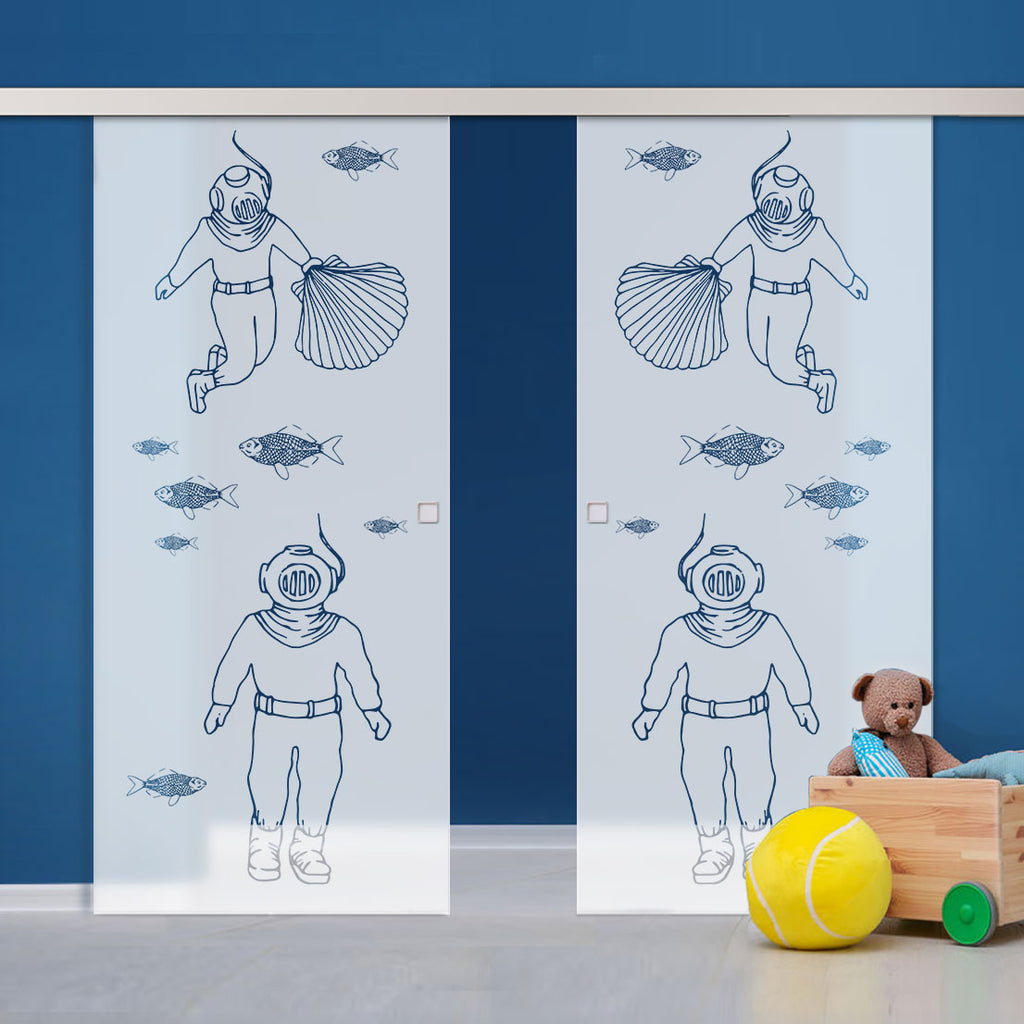 Double Glass Sliding Door - Pacific 8mm Obscure Glass - Clear Printed Design with Elegant Track
