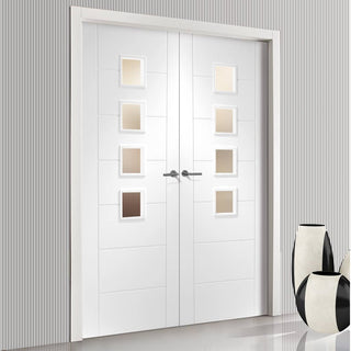 Image: Simpli Double Door Set - Palermo Door - Obscure Glass - White Primed
