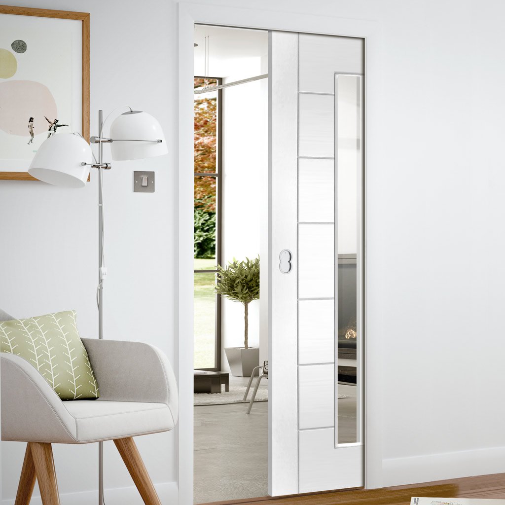 Palermo 1 Pane Flush Single Evokit Pocket Door - Clear Glass - White Primed