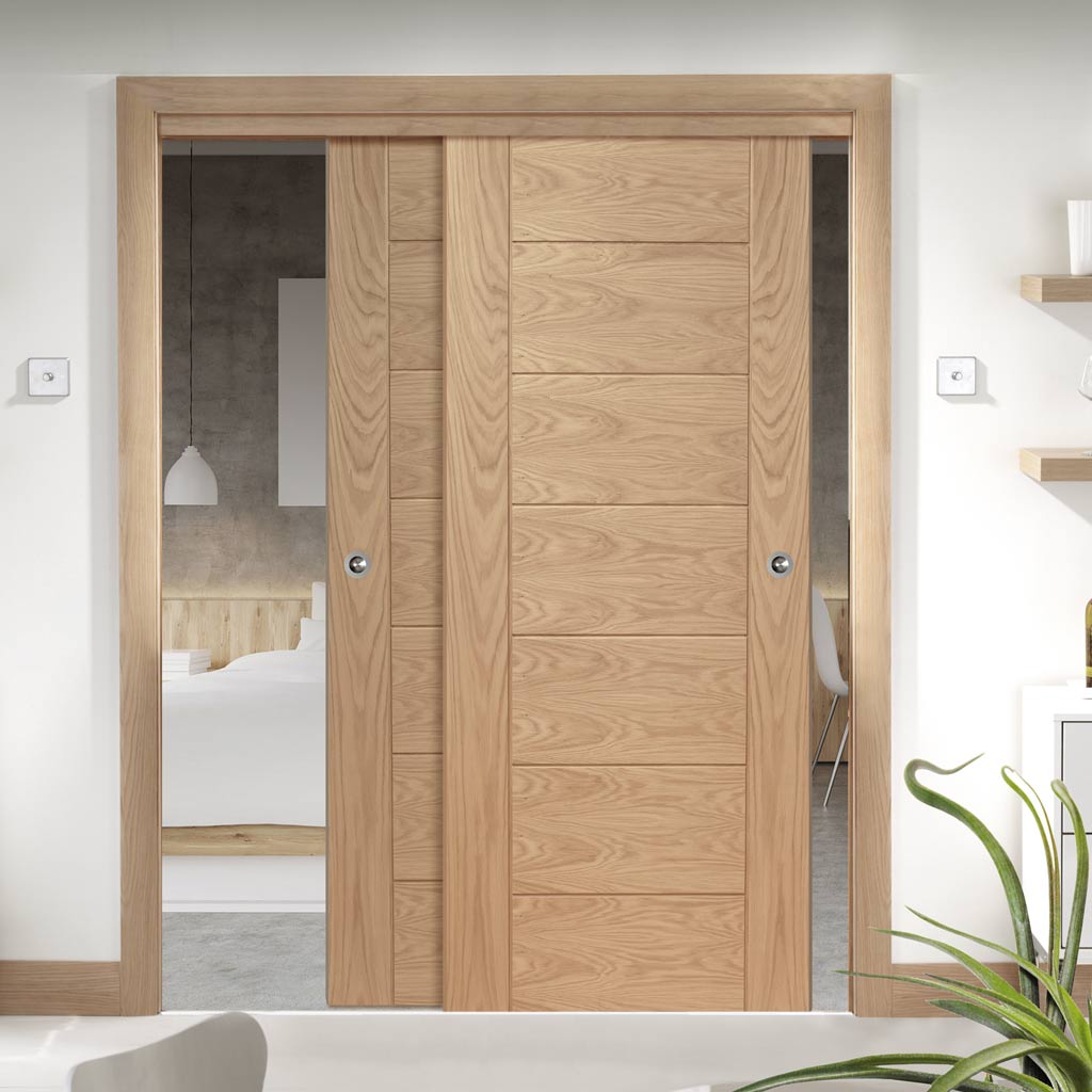 Pass-Easi Two Sliding Doors and Frame Kit - Palermo Essential Oak Door - Unfinished