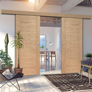 Image: Double Sliding Door & Wall Track - Palermo Essential Oak Door - Unfinished