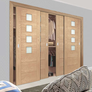 Image: Bespoke Thruslide Palermo Oak 4 Pane Glazed 4 Door Wardrobe and Frame Kit