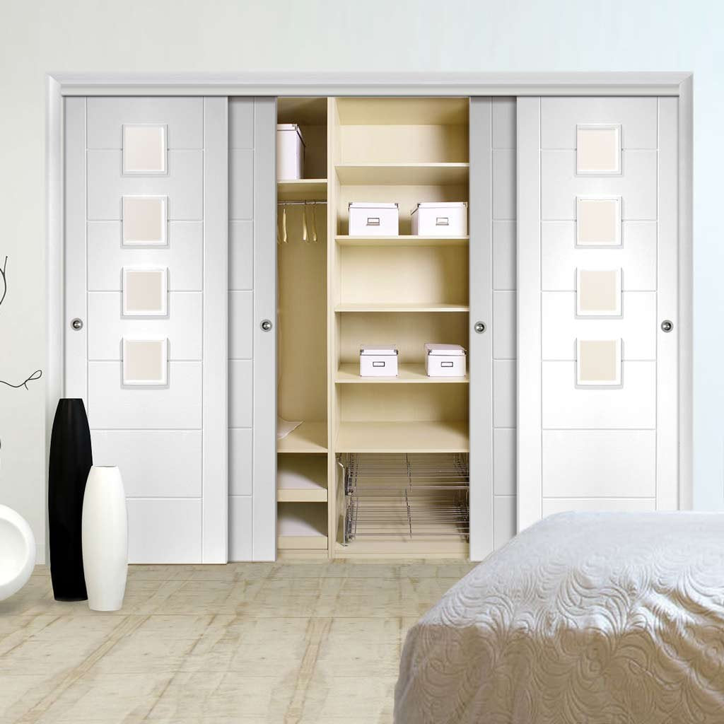 Four Sliding Wardrobe Doors & Frame Kit - Palermo Door - Obscure Glass - White Primed