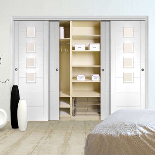 Image: Minimalist Wardrobe Door & Frame Kit - Four Palermo Doors - Obscure Glass - White Primed