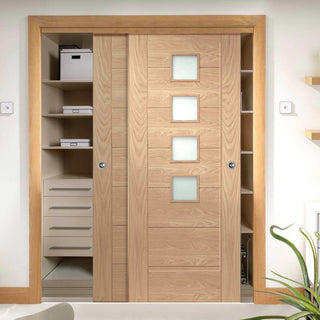 Image: Bespoke Thruslide Palermo Oak 4 Pane Glazed 2 Door Wardrobe and Frame Kit