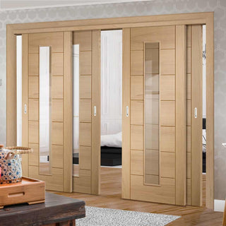 Image: Bespoke Thruslide Palermo Oak 1 Pane Glazed - 4 Sliding Doors and Frame Kit