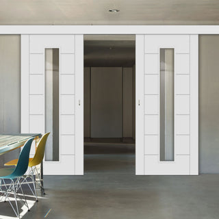 Image: Double Sliding Door & Wall Track - Palermo 1 Pane Flush Door - Clear Glass - White Primed