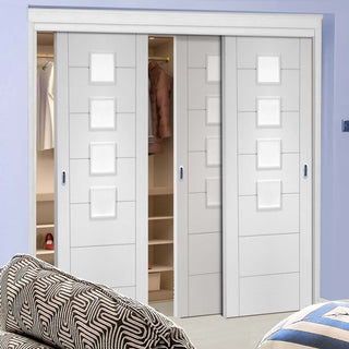Image: Three Sliding Wardrobe Doors & Frame Kit - Palermo Door - Obscure Glass - White Primed