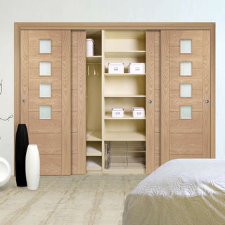 Image: Bespoke Thruslide Palermo Oak Glazed 4 Door Wardrobe and Frame Kit - Prefinished