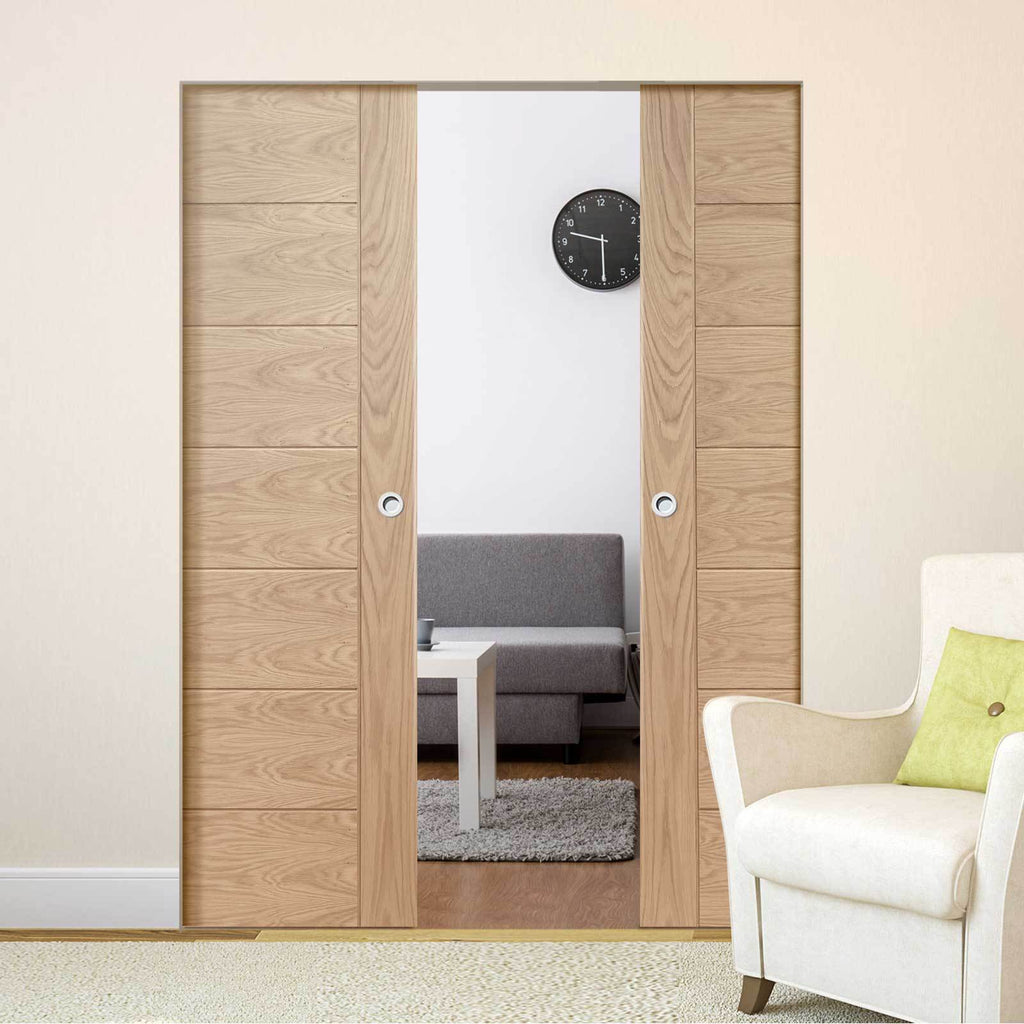 Bespoke Palermo Oak Double Frameless Pocket Door - Panel Effect - Prefinished