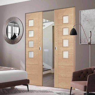 Image: Bespoke Palermo Oak Glazed Double Frameless Pocket Door - Prefinished