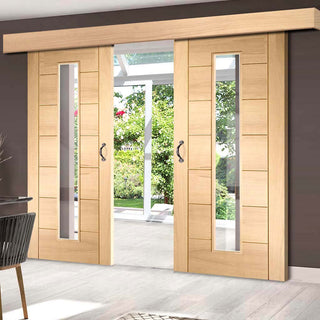 Image: Bespoke Thruslide Surface Palermo Oak 1 Pane Glazed - Sliding Double Door and Track Kit