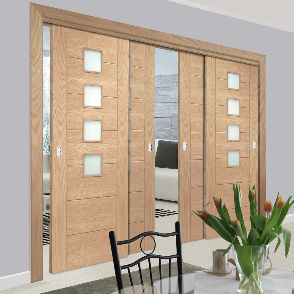 Bespoke Thruslide Palermo Oak 4 Pane Glazed - 4 Sliding Doors and Frame Kit