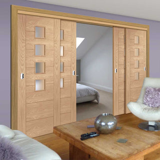Image: Bespoke Thruslide Palermo Oak Glazed - 4 Sliding Doors and Frame Kit - Prefinished