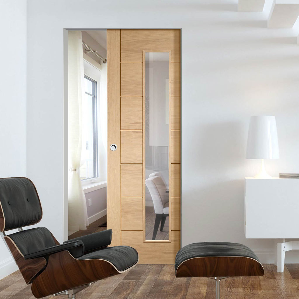 Bespoke Palermo Oak 1L Glazed Single Frameless Pocket Door