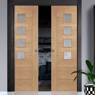 Image: Bespoke Palermo Oak 4L Glazed Double Pocket Door