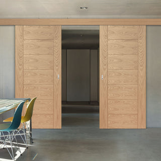 Image: Double Sliding Door & Wall Track - Palermo Statement Solid Oak Door - Unfinished