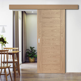 Image: Single Sliding Door & Wall Track - Palermo Statement Solid Oak Door - Unfinished