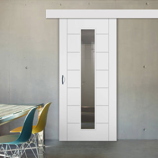 Image: Single Sliding Door & Wall Track - Palermo 1 Pane Flush Door - Clear Glass - White Primed