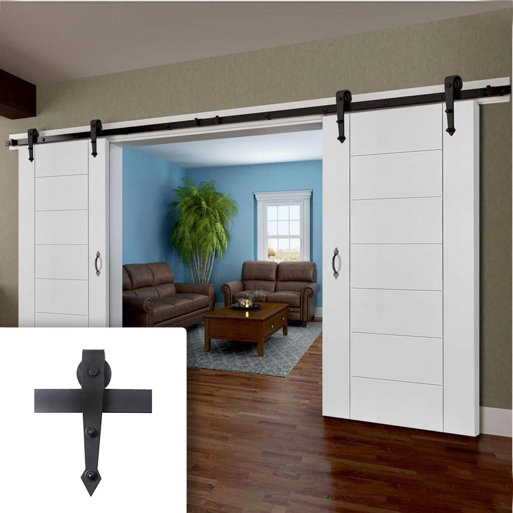 Double Sliding Door & Arrowhead Black Track - Palermo Flush Doors - White Primed