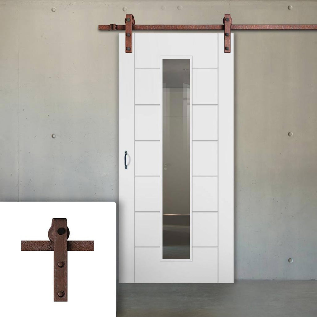 Single Sliding Door & Straight Antique Rust Track - Palermo 1 Pane Flush Door - Clear Glass - White Primed